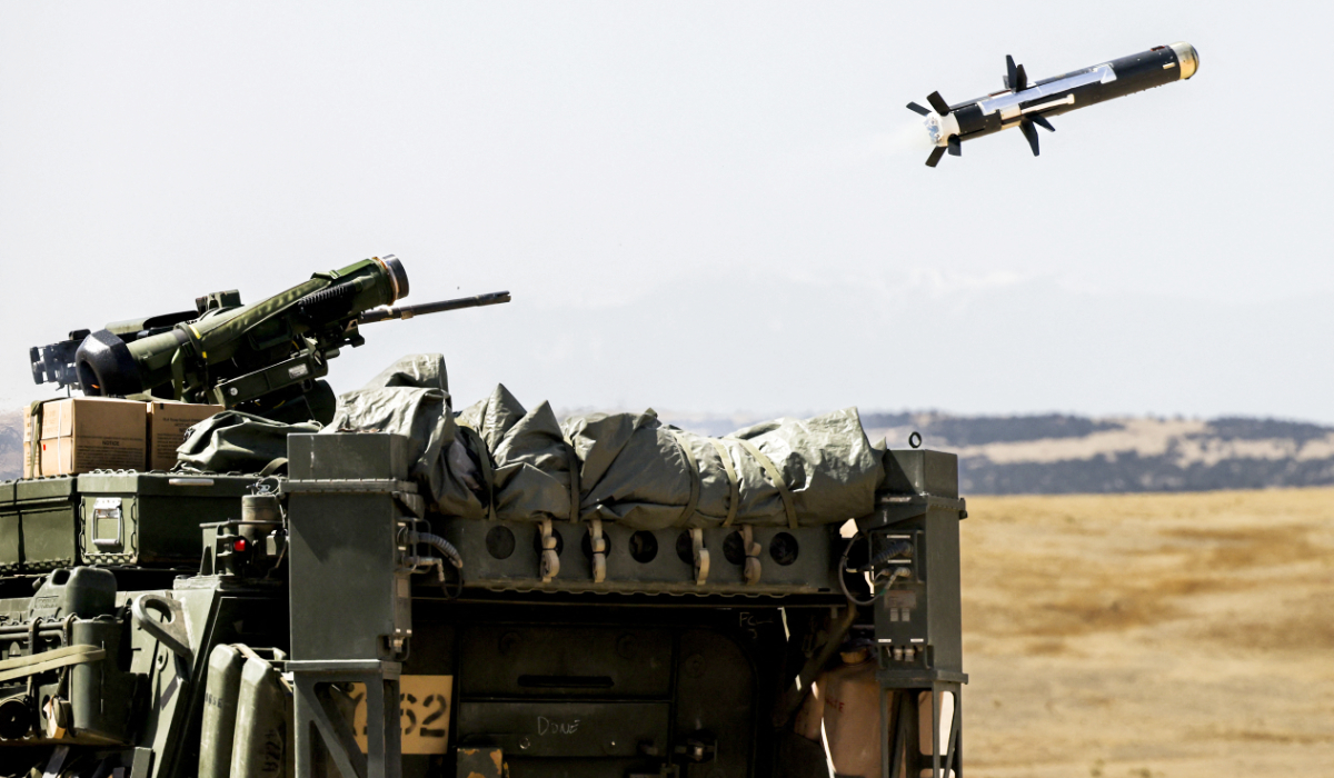 A Javelin missile fired by soldiers with the 2nd Stryker Brigade Combat Team heads toward a target during a live-fire training exercise on April 28, 2022 in Fort Carson, Colorado. (AFP)