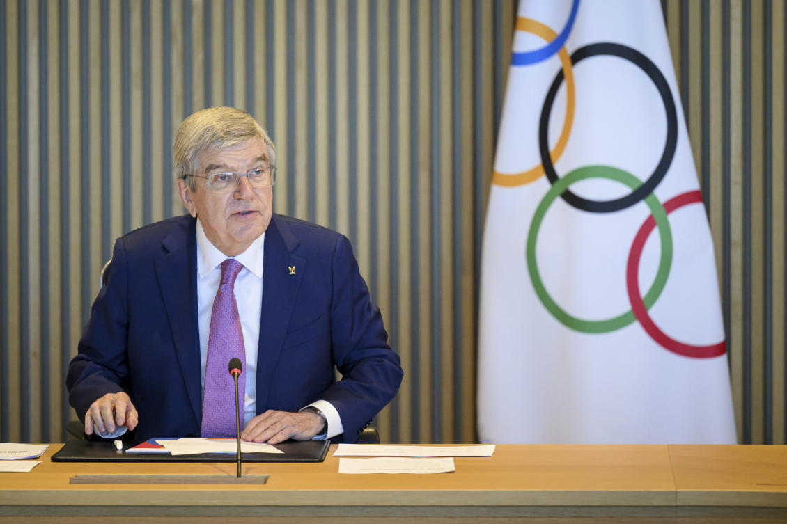 International Olympic Committee (IOC) President Thomas Bach speaks at the opening of the executive board meeting of the IOC at the Olympic House, in Lausanne on Mar. 19, 2024. (AP)