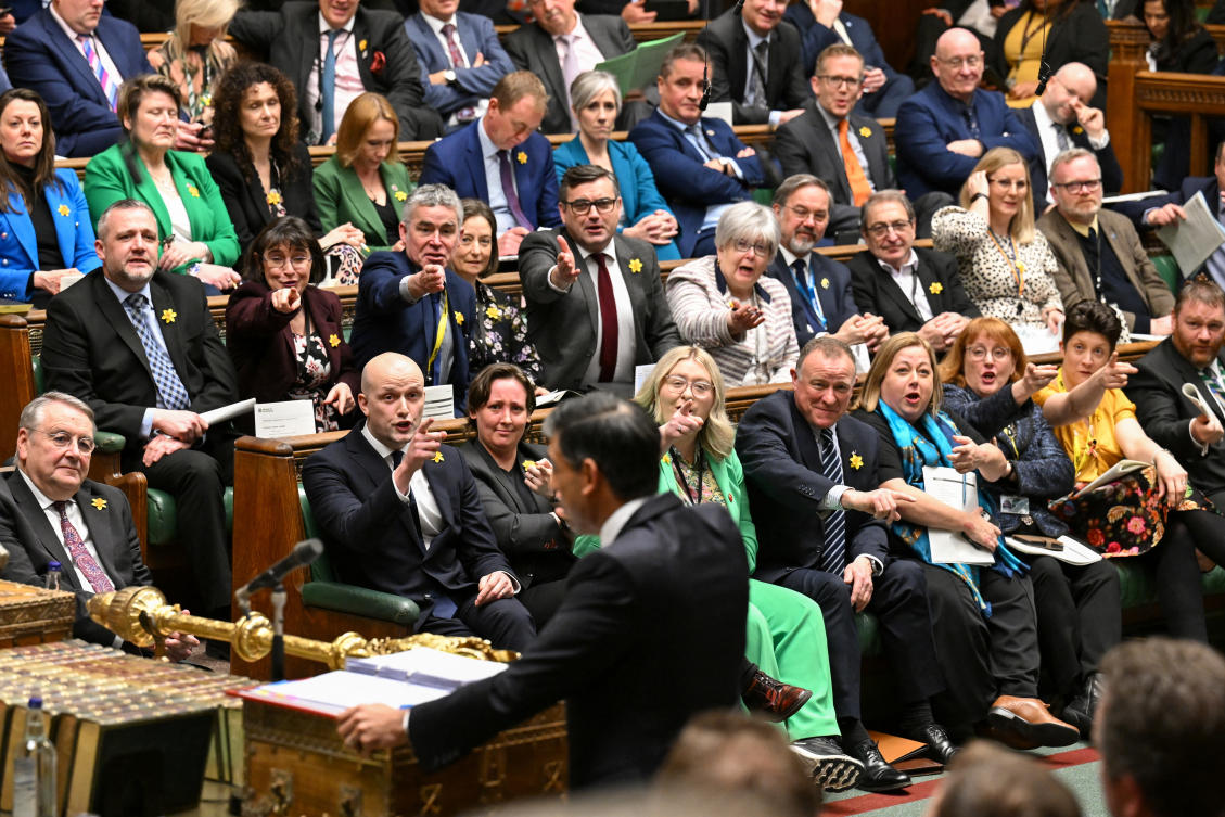 British Prime Minister Rishi Sunak speaks during Prime Minister’s Questions at the House of Commons in London on Mar. 20, 2024. (Reuters)
