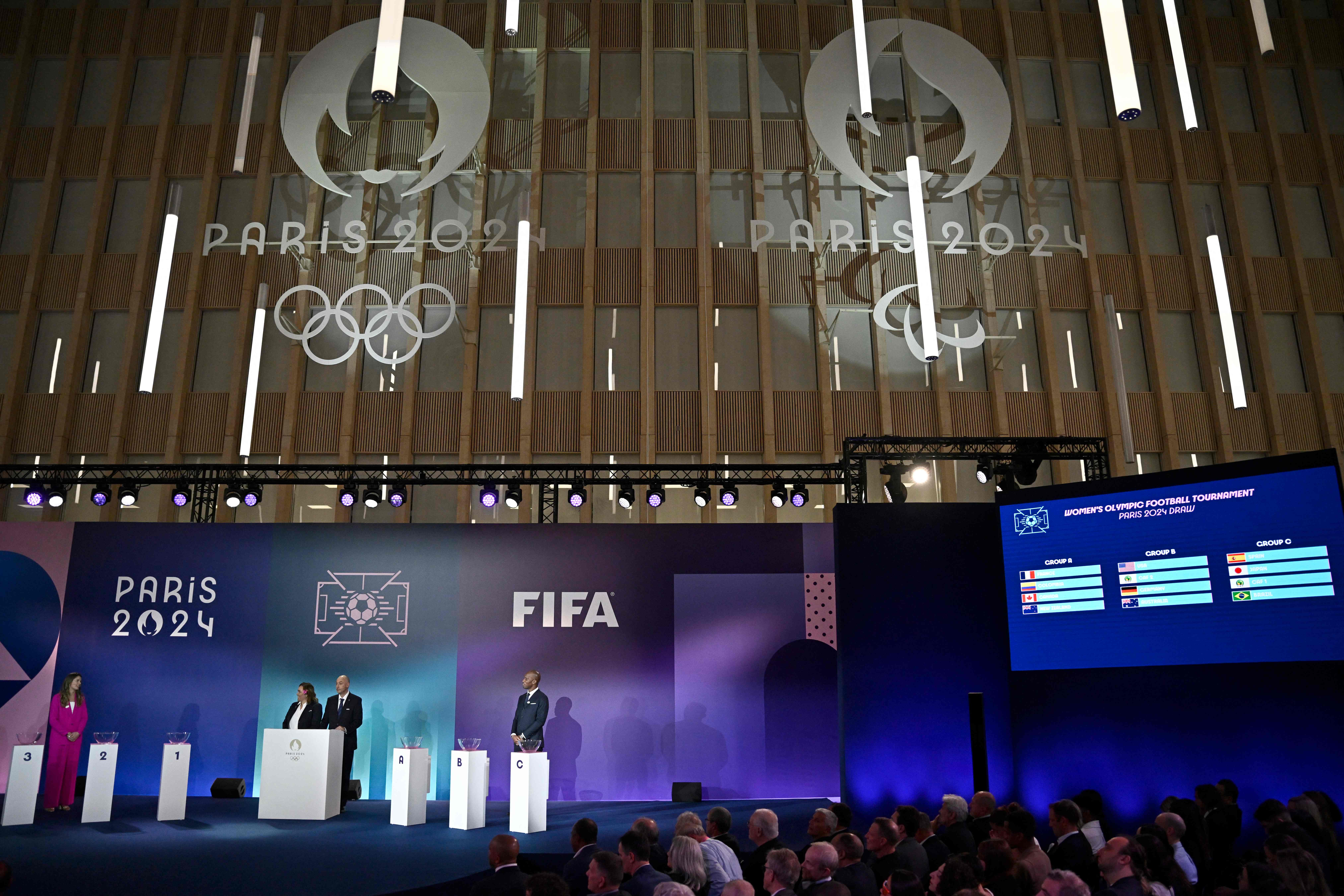 A general view shows the draw ceremony for the Paris 2024 Olympic football tournaments at the Paris 2024 headquarters in Saint-Denis, near Paris, on March 20, 2024. The women and men Olympic Football Tournaments will take place in various French cities. (AFP)