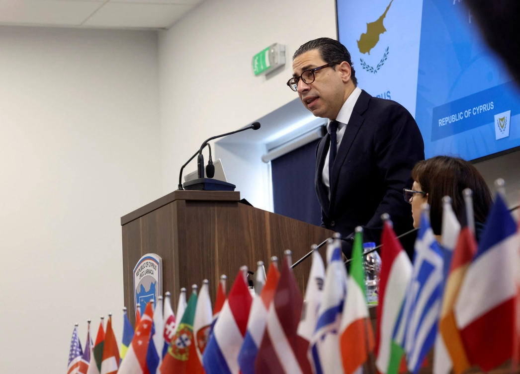 Cyprus Foreign Minister Constantinos Kombos speaks during a meeting for Cyprus Maritime Corridor to Gaza at the Zenon Coordination Center in Larnaca on March 21, 2024. (PIO handout via Reuters)