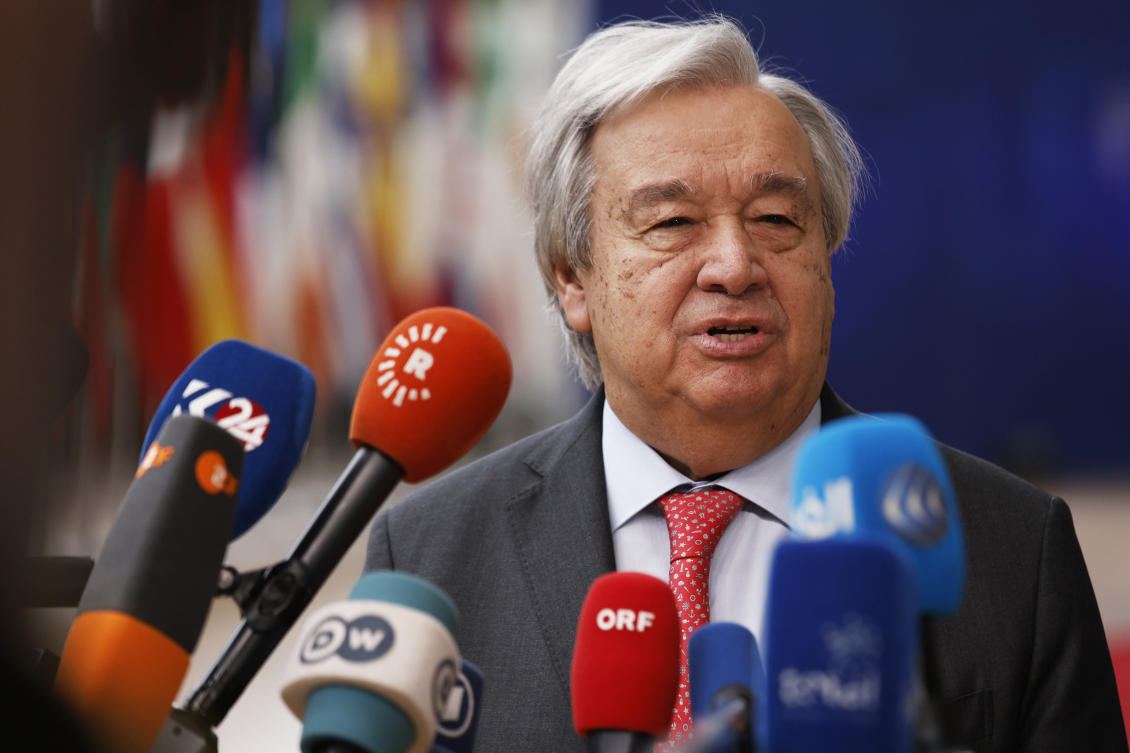 United Nations Secretary General Antonio Guterres speaks with the media as he arrives for a EU Summit in Brussels. (AP)