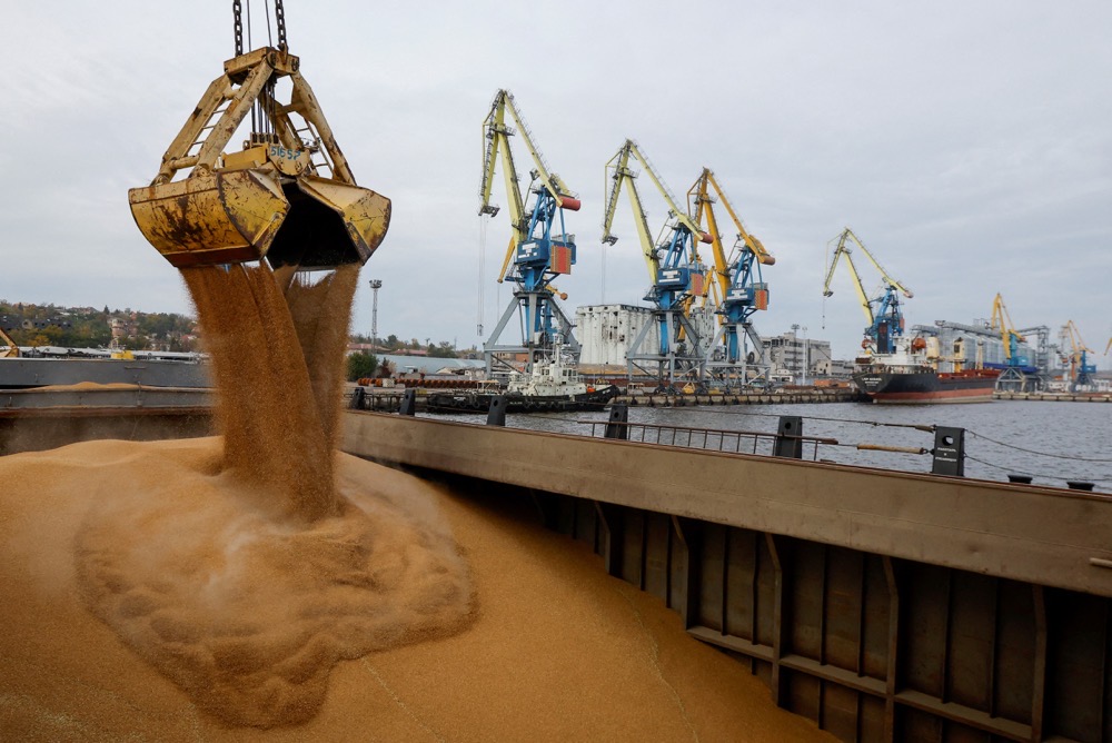 Wheat grain is loaded into the cargo vessel Mezhdurechensk before its departure for the Russian city of Rostov-on-Don. (Reuters)