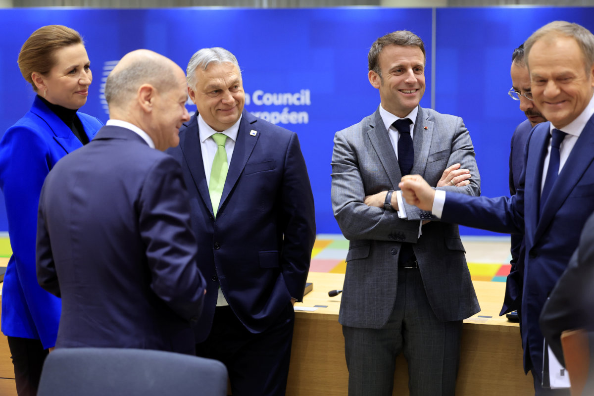 From left, Denmark's Prime Minister Mette Frederiksen, Germany's Chancellor Olaf Scholz, Hungary's Prime Minister Viktor Orban, French President Emmanuel Macron and Poland's Prime Minister Donald Tusk during a round table meeting at an EU Summit in Brussels on March 21, 2024 to consider new ways to help boost arms and ammunition production for Ukraine.(AP)