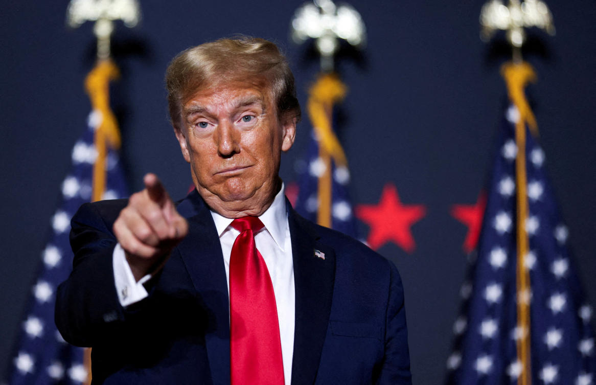 Republican presidential candidate and former US President Donald Trump gestures at a campaign event ahead of the Republican presidential primary election in North Charleston, South Carolina, US Feb. 14, 2024. (Reuters/File)