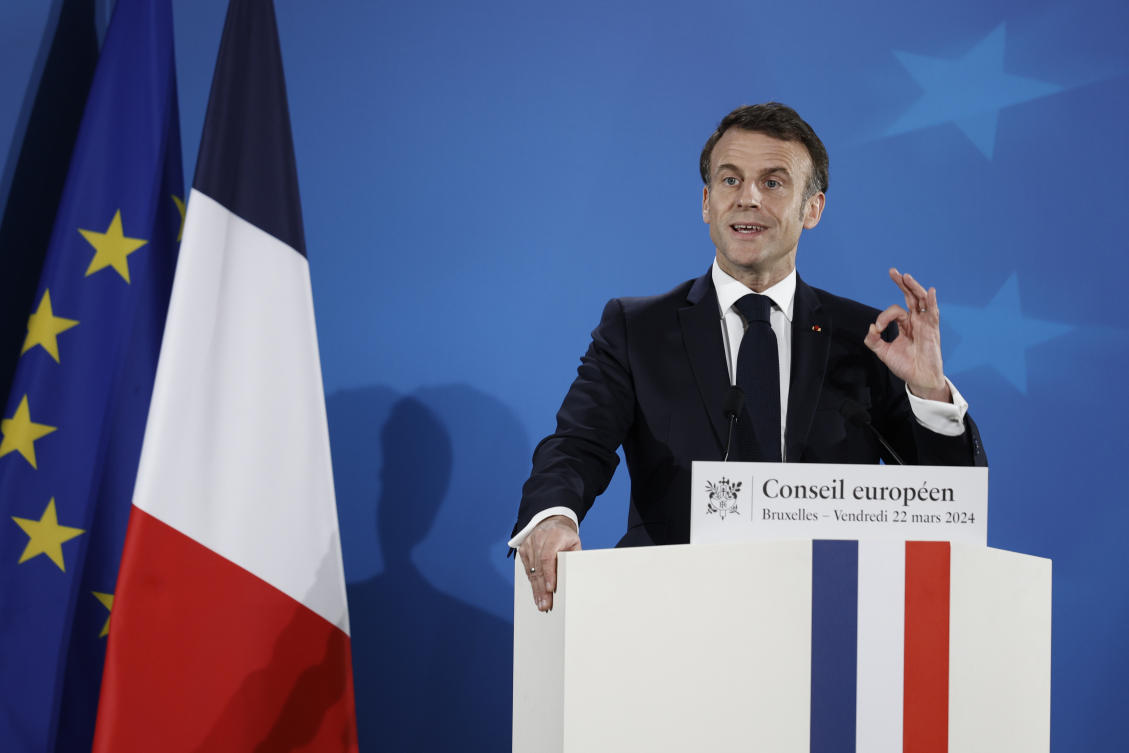 French President Emmanuel Macron addresses a media conference at the conclusion of an EU Summit in Brussels on Mar. 22, 2024. (AP)