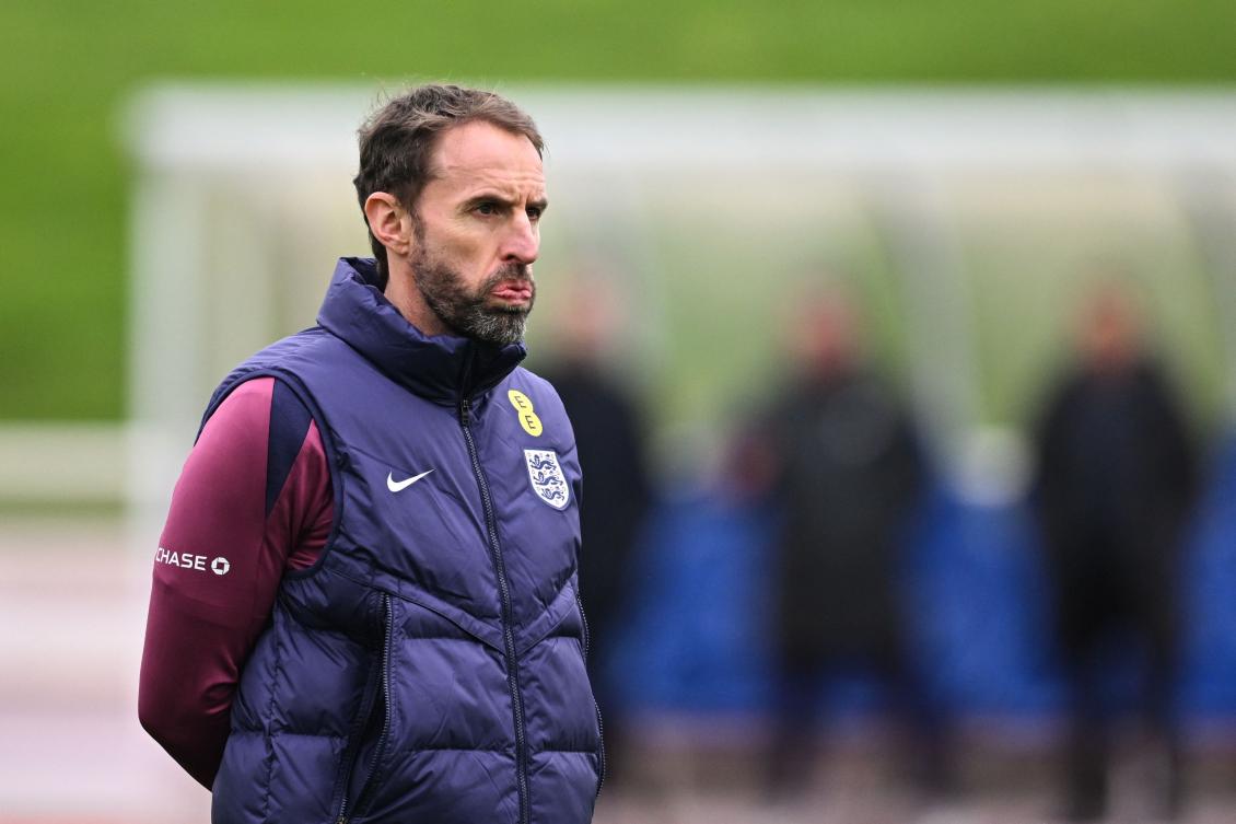 England’s manager Gareth Southgate takes part in a team training session at St. George’s Park in Burton-on-Trent, central England, on Mar. 20, 2024 ahead of their friendly match against Brasil. (AFP)