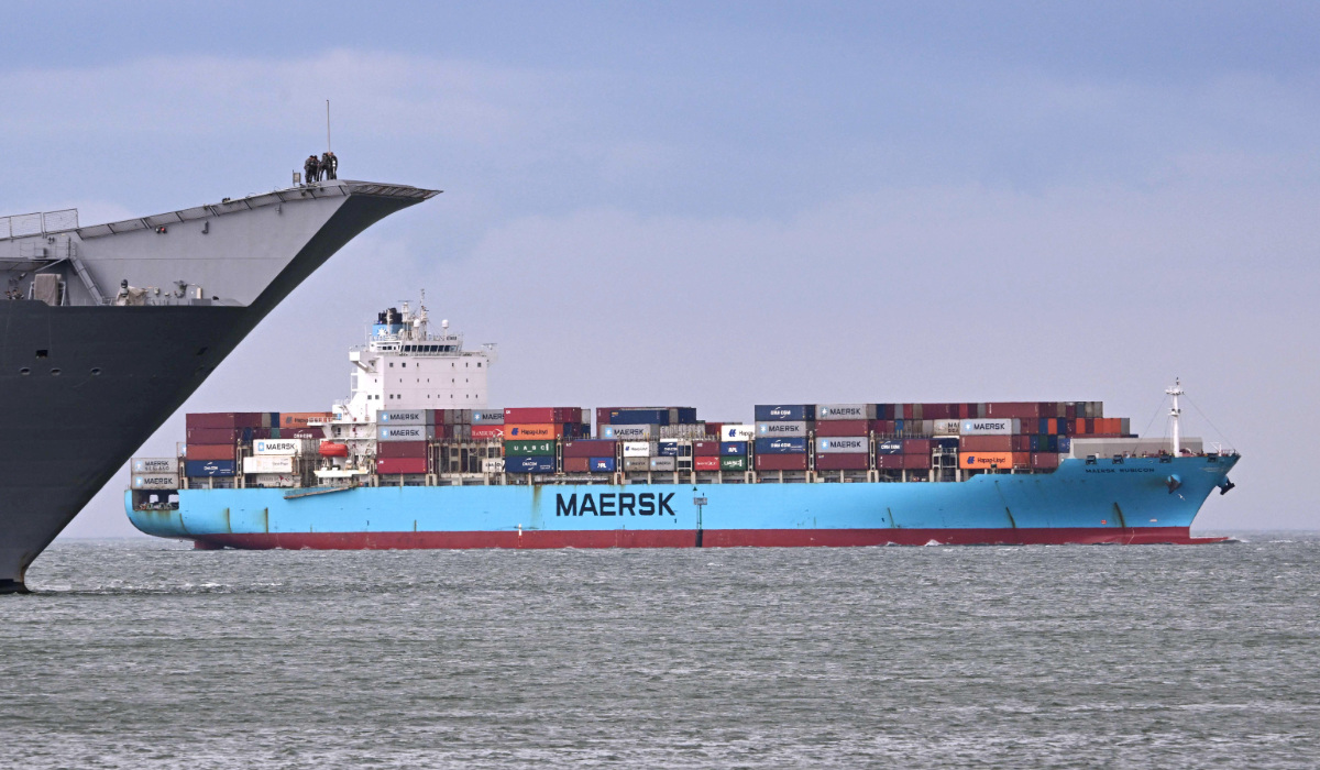 The MV Maersk Rubicon arrives at the Port of Melbourne, Australia's largest port for containerised and general cargo, to unload its containers in Melbourne on March 19, 2024. (AFP)