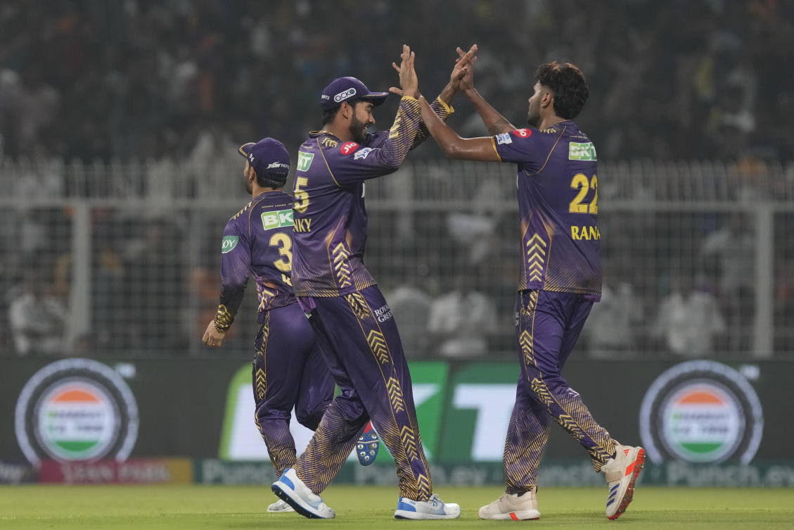 Kolkata Knight Riders’ Harshit Rana, right, celebrates the dismissal of Sunrisers Hyderabad’s Heinrich Klaasen during the Indian Premier League cricket tournament match between Kolkata Knight Riders and Sunrisers Hyderabad in Kolkata, India, Saturday, March. 23, 2024. (AP)