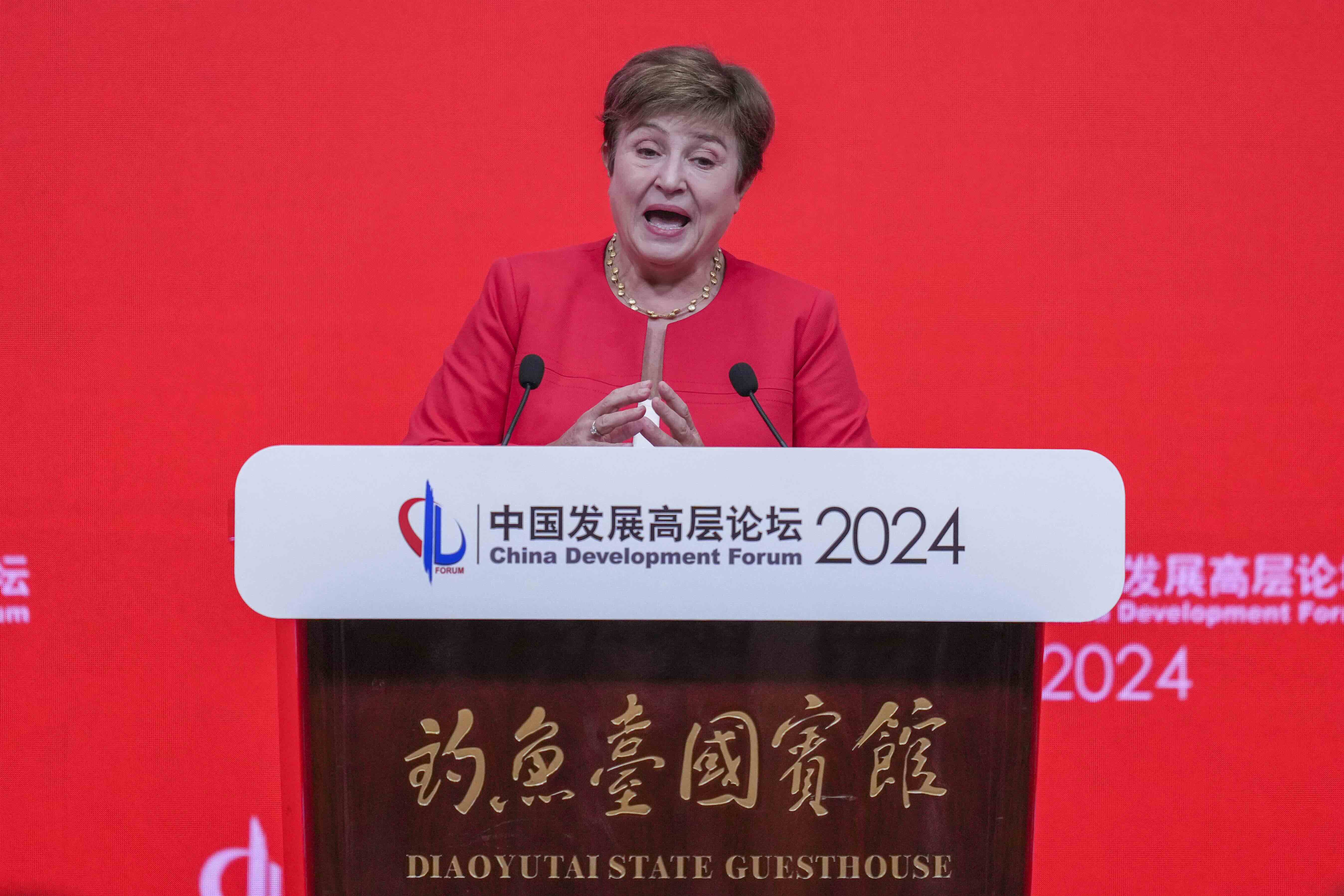 IMF Managing Director Kristalina Georgieva speaking at the China Development Forum in Beijing on Sunday. AP