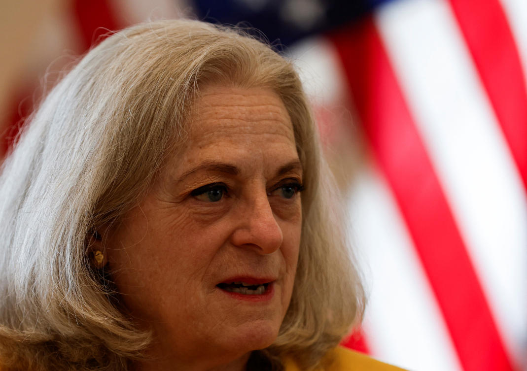US ambassador to Iraq Alina Romanowski speaks during an interview with Reuters at the US embassy in Baghdad, Iraq March 23, 2024. (Reuters)