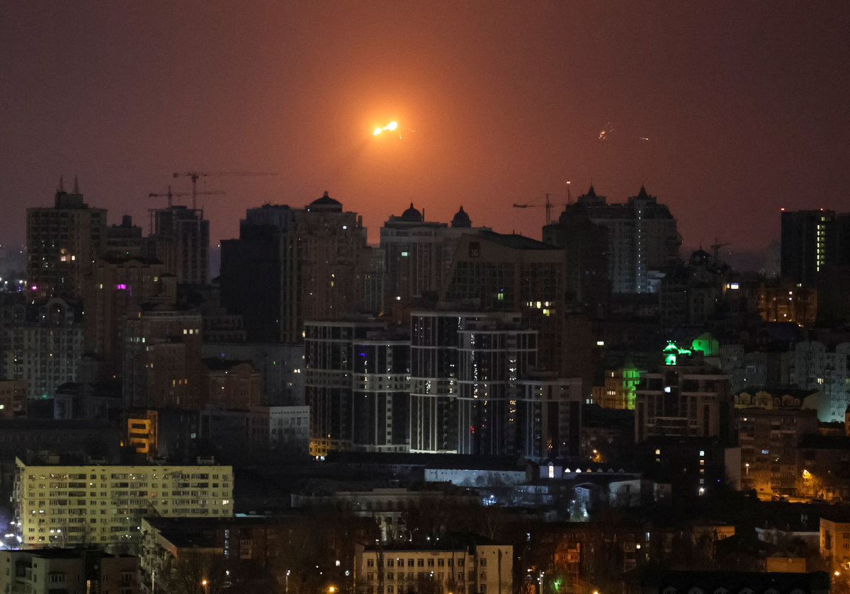 An explosion of a missile is seen in the sky over the city during a Russian missile strike, amid Russia's attack on Ukraine, in Kyiv, Ukraine March 24, 2024. (Reuters)