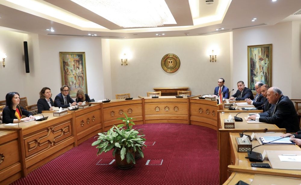German FM Annalena Baerbock meets with Sameh Shoukry at the HQ of the Egyptian Ministry of Foreign Affairs, New Administrative Capital (NAC), east of Cairo, Egypt, Mar. 25, 2024. (Reuters)