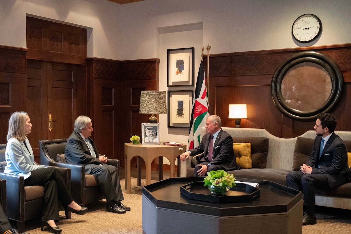 Jordan’s King Abdullah and Crown Prince Hussein bin Abdullah with UN Secretary-General Antonio Guterres in Amman. (RHCJO)