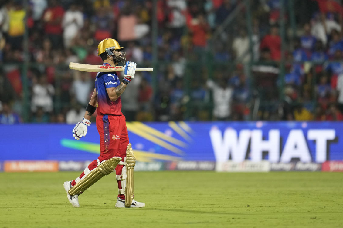 Royal Challengers Bengaluru’s Virat Kohli reacts as he walks off the field after losing his wicket during the Indian Premier League cricket match between Royal Challengers Bengaluru and Punjab Kings in Bengaluru, India, Monday, March 25, 2024. (AP)