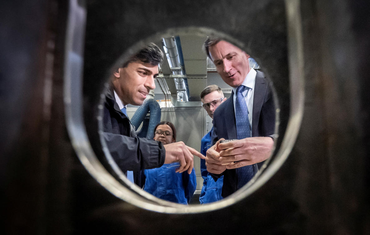 Britain's Prime Minister Rishi Sunak visits BAE Systems, Submarines Academy for Skills and Knowledge, in Barrow-in-Furness, Cumbria, Britain, Mar. 25, 2024. (Reuters)