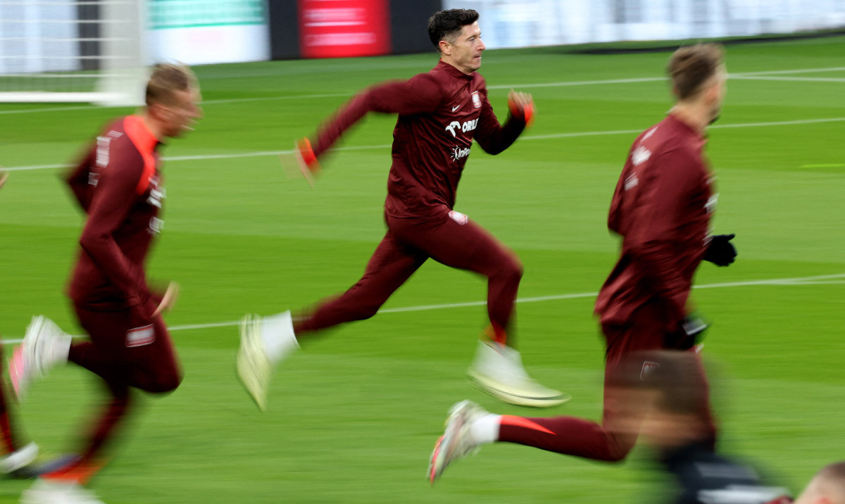 Poland’s Robert Lewandowski during training on the eve of the Euro 2024 Qualifier between Poland and Wales at the Cardiff City Stadium, Cardiff, Wales, Monday. (Reuters)