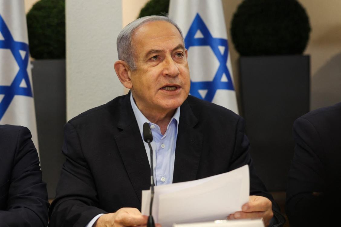 Israeli Prime Minister Benjamin Netanyahu heads the weekly cabinet meeting at the Defence Ministry in Tel Aviv on January 7, 2024. (AFP)