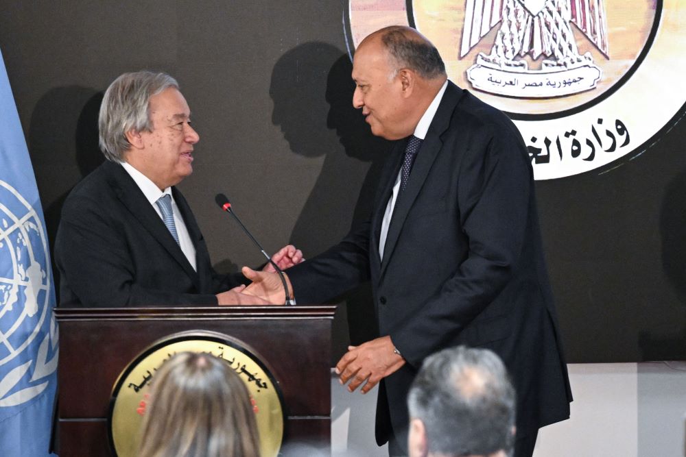 United Nations Secretary-General Antonio Guterres and Egypt’s FM Sameh Shoukry after a joint press conference at the New Administrative Capital (NAC), east of Cairo, Mar. 24, 2024. (AFP)