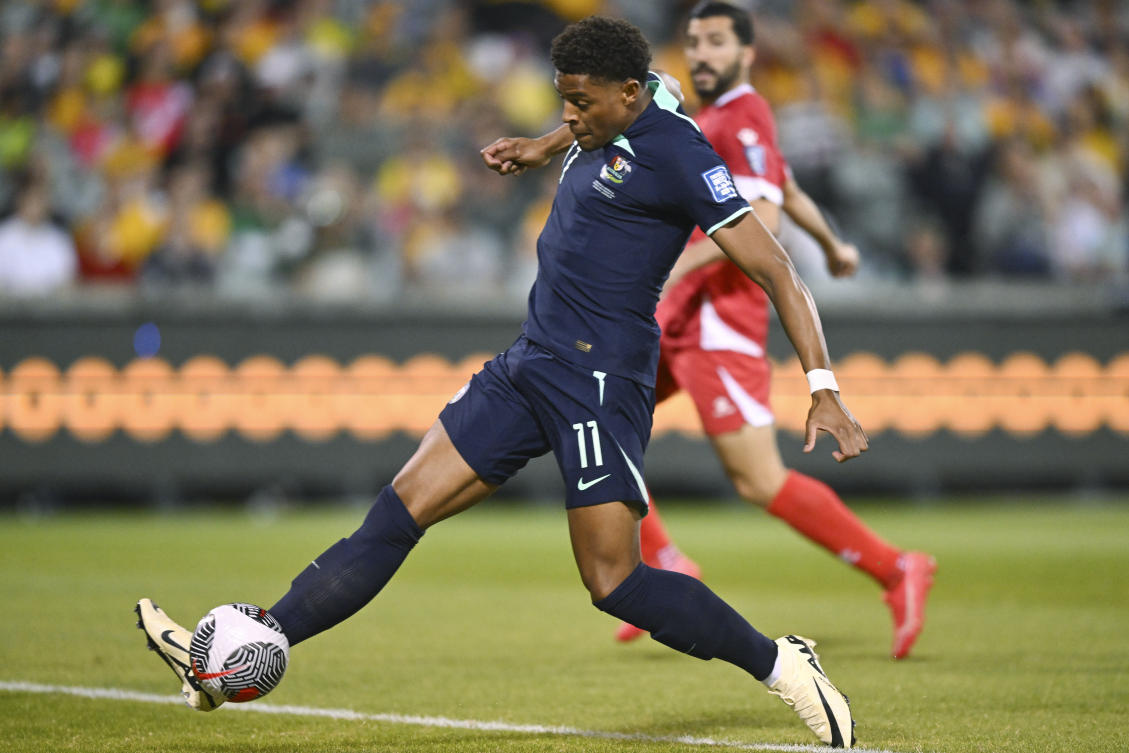 Kusini Yengi of Australia scores a goal during the World Cup qualifying match between Lebanon and Australia in Canberra, Australia, Tuesday, March 26, 2024. (AP Photo)