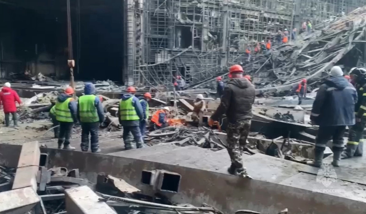 In this photo taken from video released by Russian Emergency Ministry Press Service on Tuesday, March 26, 2024, rescuers work in the burned concert hall after a terrorists attack on the building of the Crocus City Hall on the western edge of Moscow, Russia. (AP)