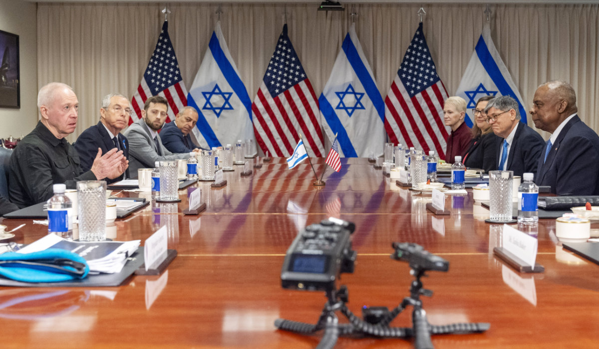 Israeli Defense Minister Yoav Gallant, at far left, speaks while meeting with Defense Secretary Lloyd Austin, across table at far right, at the Pentagon, Tuesday, March 26, 2024, in Washington. (AP)