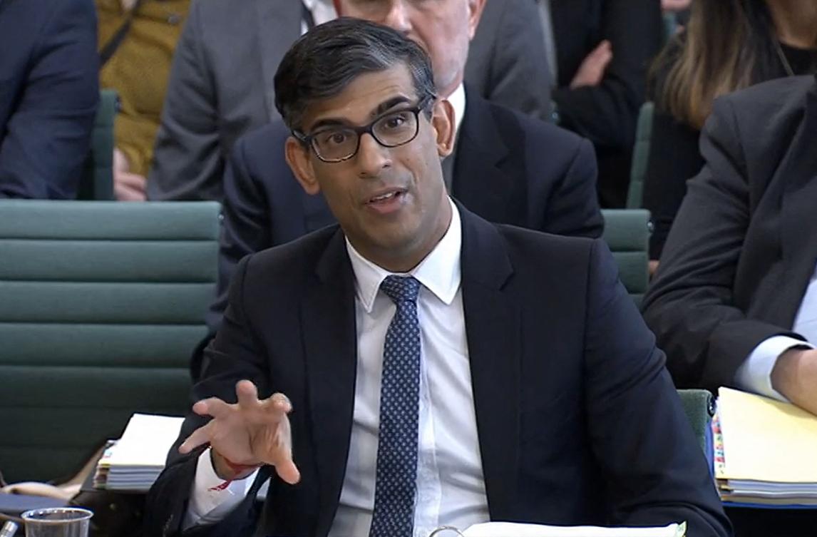 A grab from footage broadcast by the UK Parliament’s Parliamentary Recording Unit (PRU) shows Rishi Sunak attending a Parliamentary Liaison Committee hearing, London, Mar. 26, 2024. (AFP)