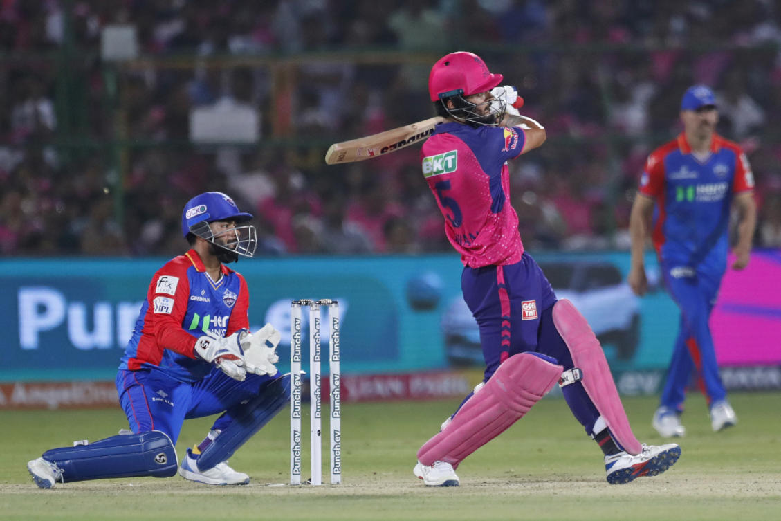 Rajasthan Royals’ Riyan Parag plays a shot during the Indian Premier League cricket match between Delhi Capitals and Rajasthan Royals in Jaipur, India, Thursday, March 28, 2024. (AP)