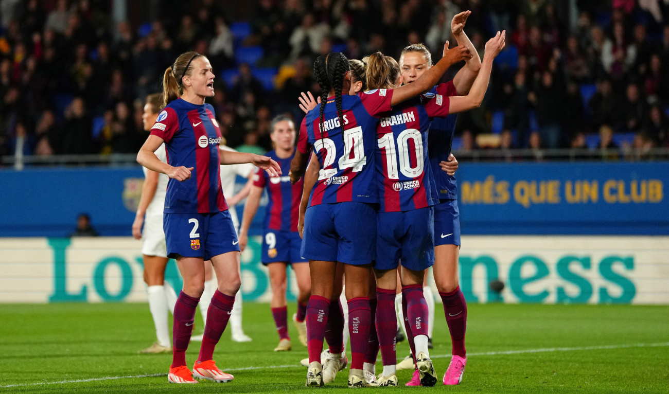 Barcelona’s Swedish forward #16 Fridolina Rolfo celebrates with teammates after scoring her team’s second goal during the UEFA Women's Champions League quarter-final, second leg football match against SK Brann Kvinner at the Johan Cruyff stadium in Sant Joan Despi, near Barcelona, on March 28, 2024. (AFP)