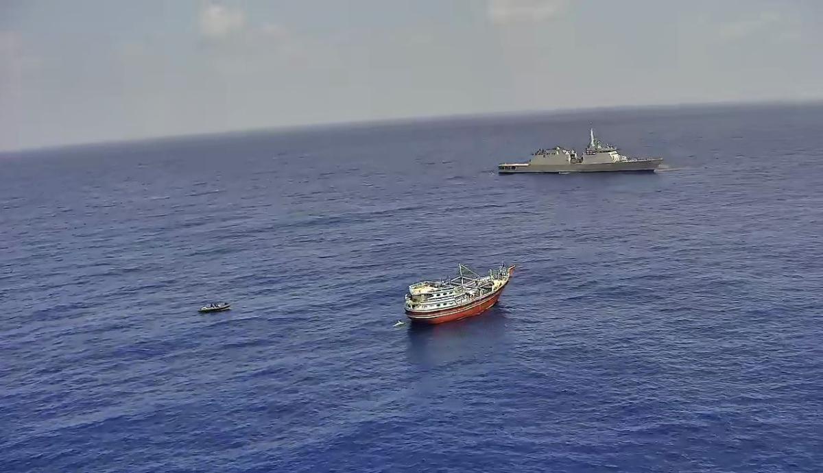 The Al-Kambar 786 was intercepted by the INS Sumedha and INS Trishul, leading to ‘over 12 hours of intense coercive tactical measures’ forcing the pirates to surrender, the Indian navy said. (X: @indiannavy)