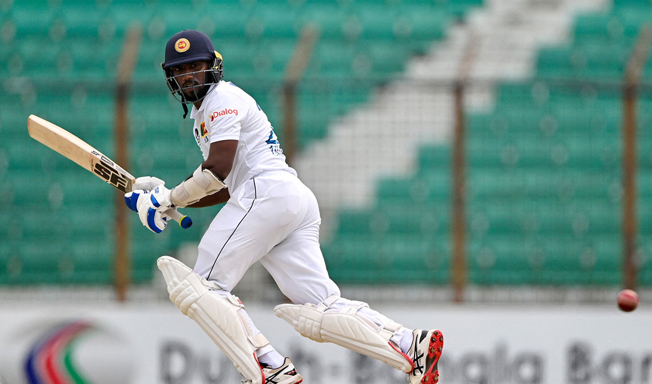 Sri Lanka’s Nishan Madushka plays a shot during the first day of the second Test cricket match between Bangladesh and Sri Lanka at the Zahur Ahmed Chowdhury Stadium in Chittagong on March 30, 2024. (AFP)