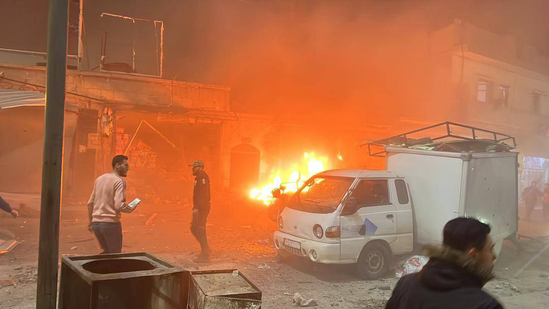 This photo posted on social media shows a scene of a fiery explosion during a car bomb attack in the middle of market in Azaz city in Syria's northern region of Aleppo early Sunday. (X: @FARED_ALHOR)
