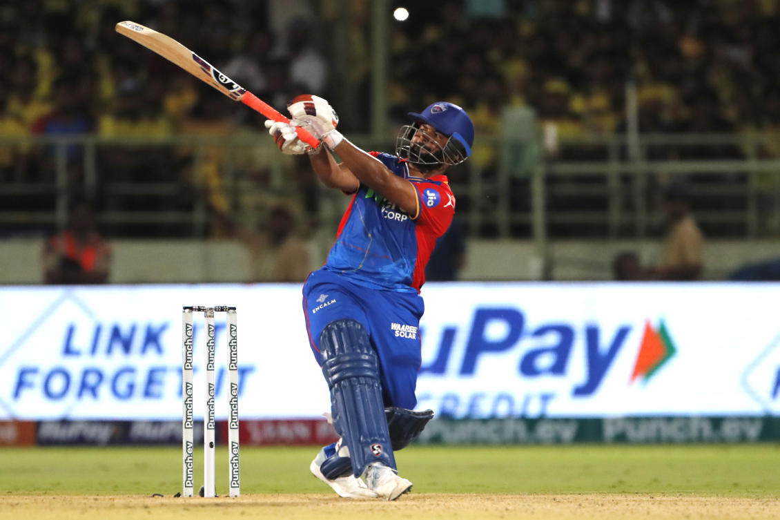 Delhi Capitals’ captain Rishabh Pant plays a shot during the Indian Premier League cricket match between Delhi Capitals and Chennai Super Kings in Visakhapatnam, India, Sunday, March. 31, 2024. (AP)