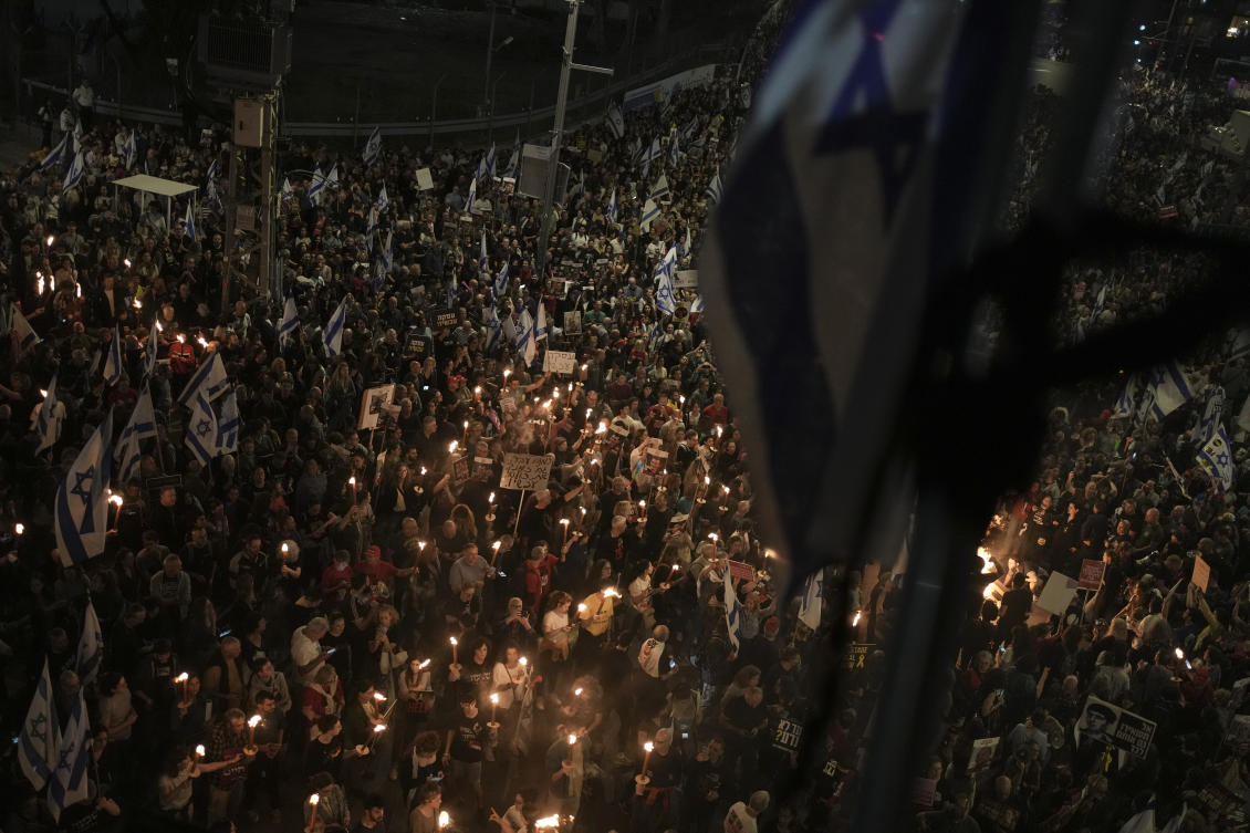 People take part in a protest against Israeli Prime Minister Benjamin Netanyahu's government and call for the release of hostages held in the Gaza Strip by the Hamas, in Tel Aviv, Israel. (AP)