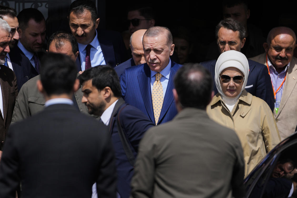 Turkish President Recep Tayyip Erdogan leaves after voting at a polling station in Istanbul, Turkey, Sunday, March 31, 2024. Turkey is holding local elections on Sunday that will decide who gets to control Istanbul and other key cities. (AP)
