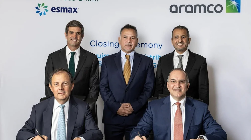 Pictured at the transaction closing are Southern Cross Group Partner Raul Sotomayor, front left, and Aramco Europe President & CEO Mazin Dabbagh, front right. Back row, from left, are Southern Cross Group Partner Jaime Besa, Aramco Vice-President of Retail and Esmax Chairman Ziyad Juraifani, and Aramco International Retail Director Nader Al Douhan. (Aramco)