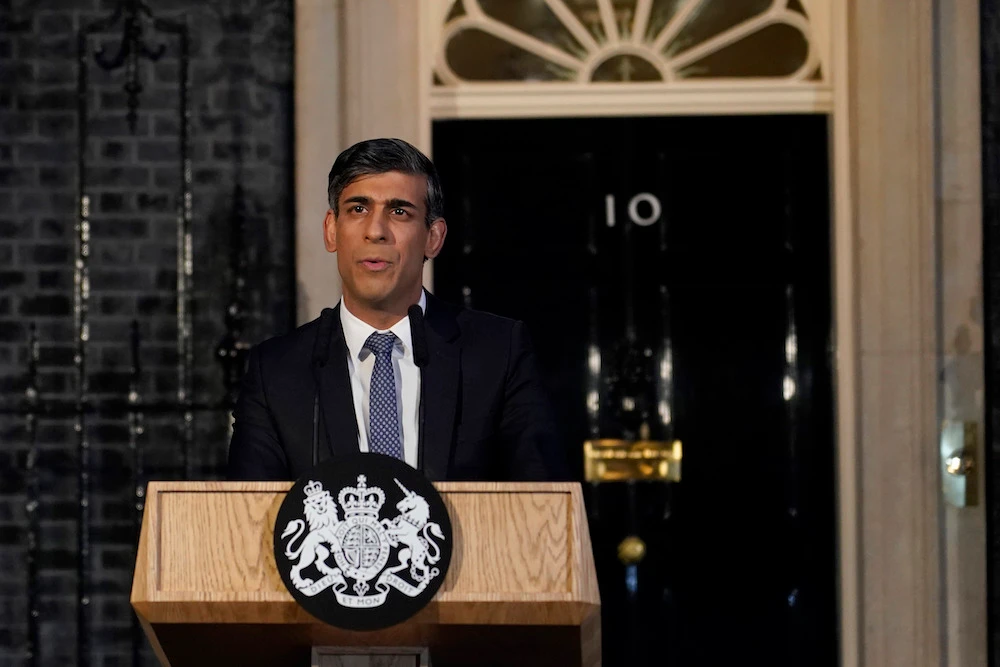 Britain’s Prime Minister Rishi Sunak addresses the media at Downing Street in London, Friday, March 1, 2023. The Prime Minister used the address to warn that democracy is being targeted by extremists. (AP)