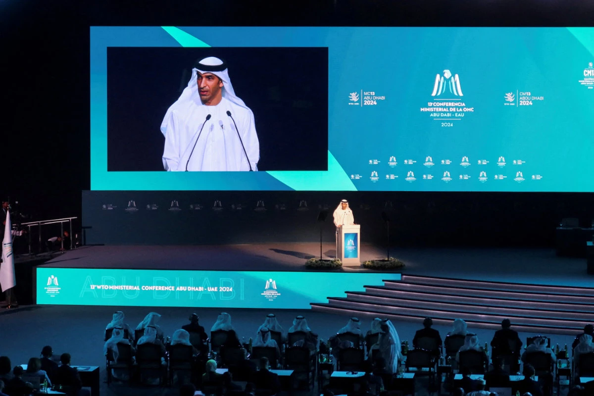 UAE Minister of Foreign Trade Thani bin Ahmed Al Zeyoudi speaks during the opening ceremony of the WTO ministerial meeting in Abu Dhabi on February 26, 2024. (REUTERS)