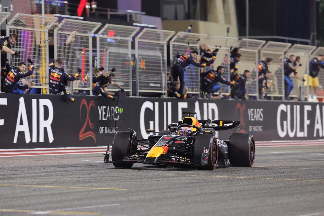 Red Bull Racing’s Dutch driver Max Verstappen crosses the finish line to win the Bahrain Formula One Grand Prix at the Bahrain International Circuit in Sakhir on March 2, 2024. (AFP)