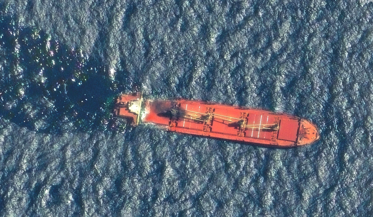 This satellite image taken by Maxar Technologies shows the Belize-flagged ship Rubymar in the Red Sea on Friday, March 1, 2024. (AP)
