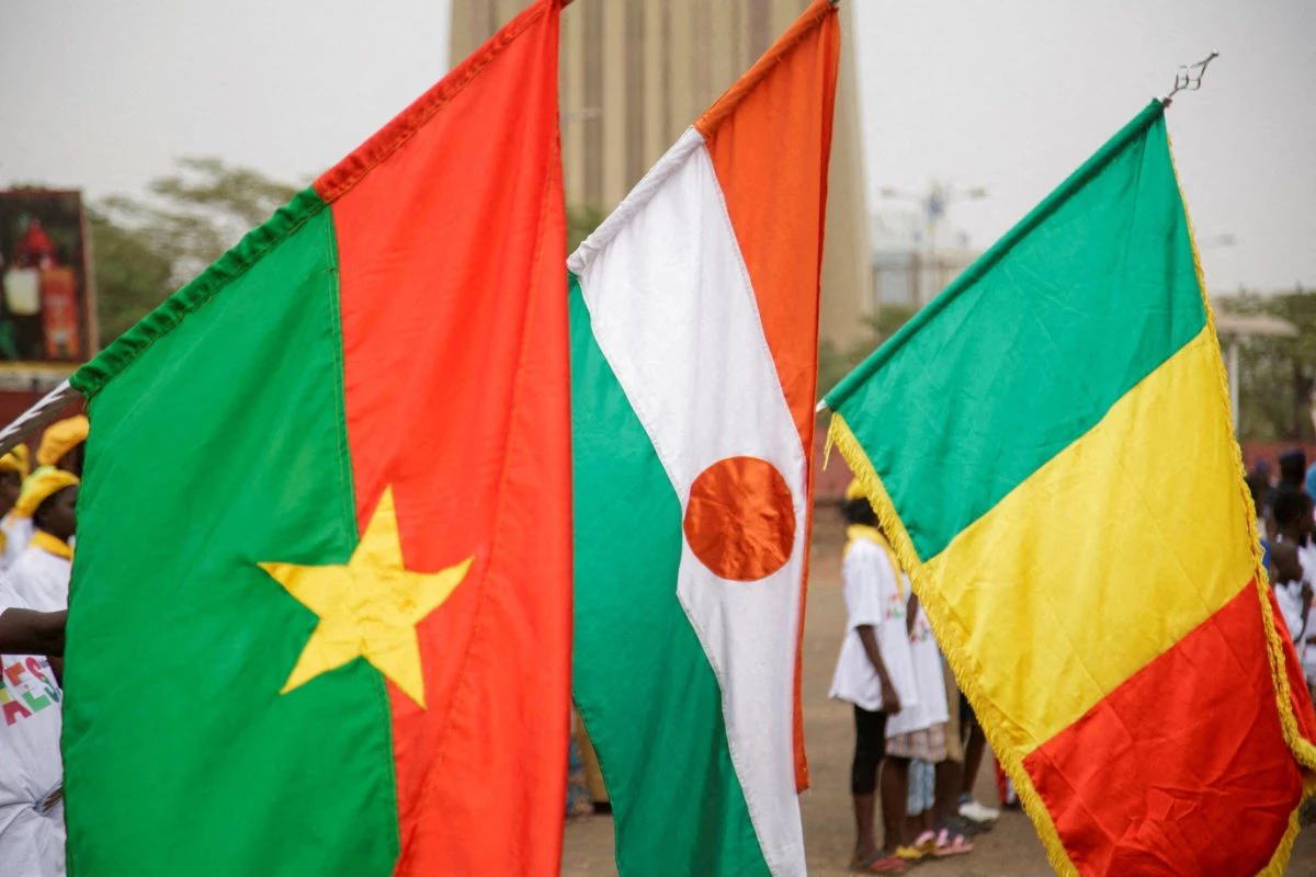 The flags of Burkina Faso, Niger and Mali are seen at an event in Bamako, Mali, on February 1, 2024. (Reuters)