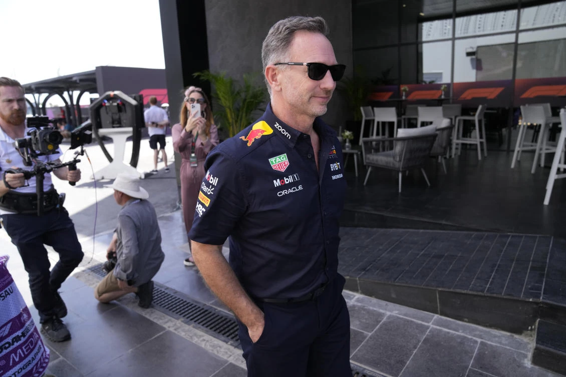 Red Bull team principal Christian Horner arrives at the circuit for the first practice session ahead of F1 Saudi Arabian Grand Prix at the Jeddah Corniche Circuit in Jeddah on March 7, 2024. (AP)