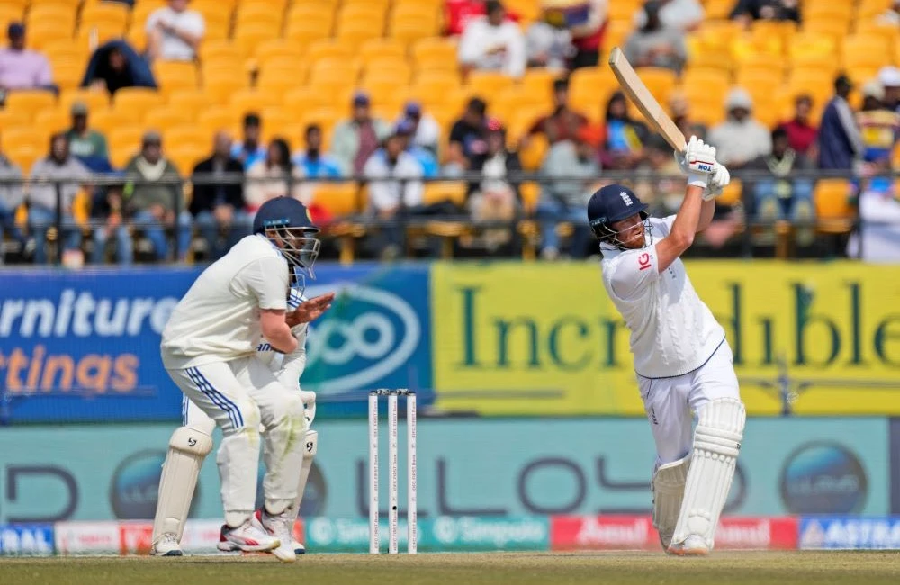 England’s Jonny Bairstow bats on the first day of the fifth and final test match between England and India in Dharamshala, India, Thursday, Mar. 7, 2024. (AP Photo)