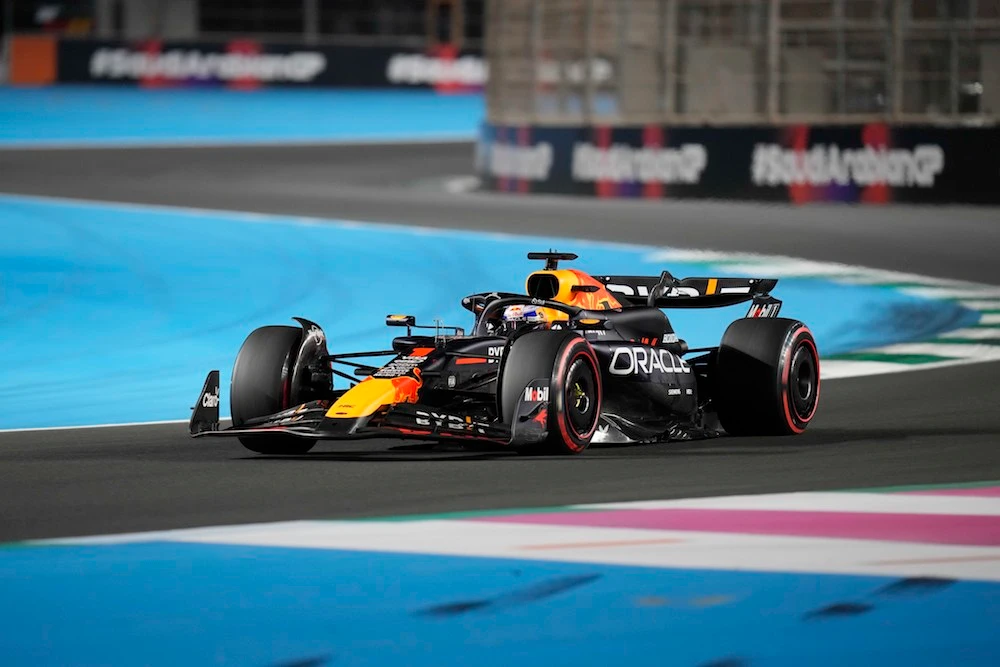 Red Bull driver Max Verstappen of the Netherlands steers his car during the qualifying session ahead of the Formula One Saudi Arabian Grand Prix at the Jeddah Corniche Circuit in Jeddah. (AP)
