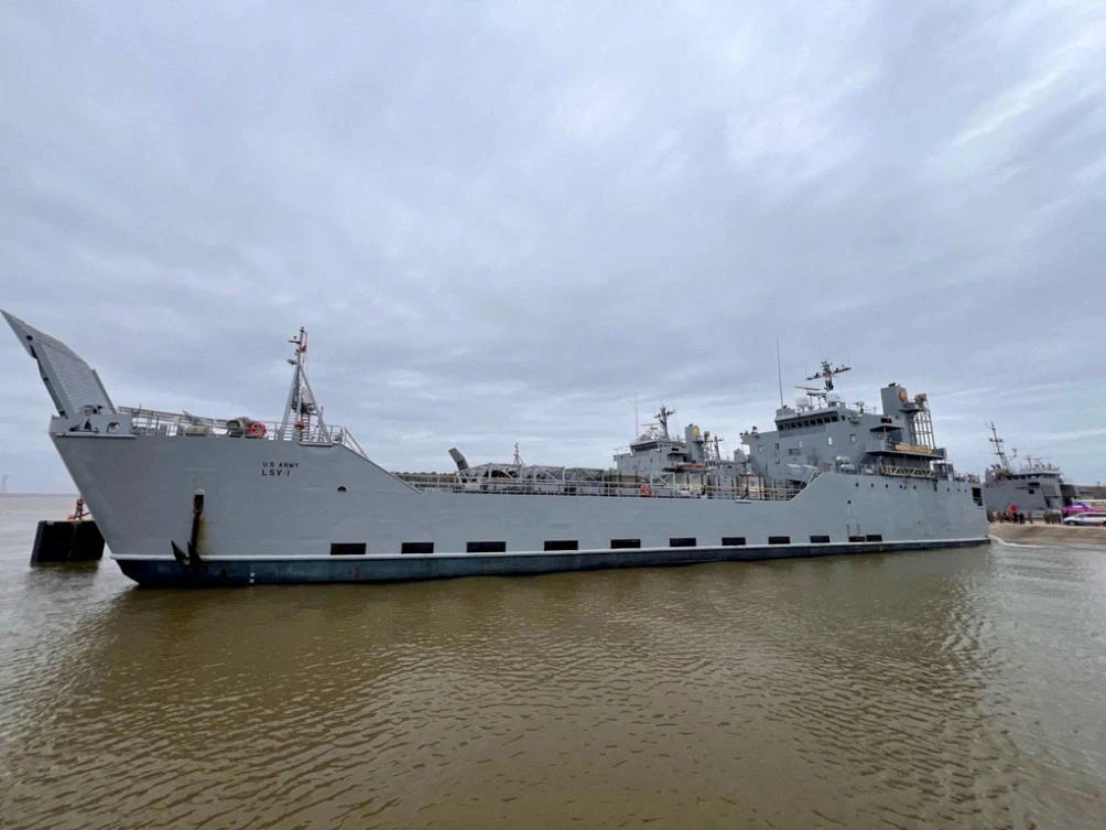 Above, the logistics support vessel General Frank S. Besson departs for the eastern Mediterranean after President Joe Biden said the US would provide humanitarian assistance to Gaza by sea. (Reuters)