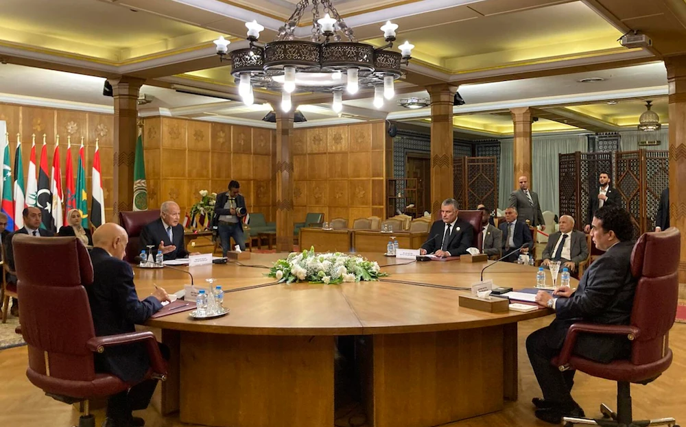 Arab League Secretary-General Ahmed Aboul Gheit at the league’s headquarters in Cairo on Sunday hosted Mohammed Menfi, president of Libya’s Presidential Council; Aguila Saleh, speaker of the house of representatives. (Supplied)