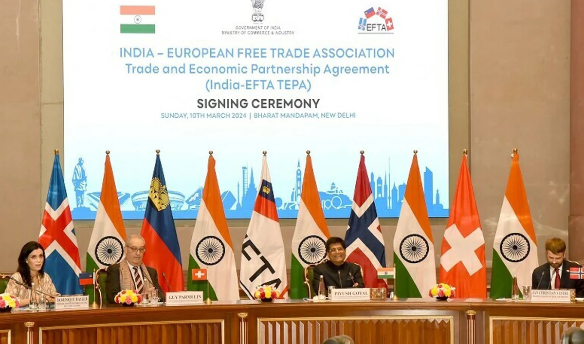 This handout photograph taken and released by the Indian Press Information Bureau (PIB) on March 10, 2024 shows Piyush Goyal (2R), India’s Minister of Commerce and Industry, Consumer Affairs, Textiles, Food and Public Distribution addressing diplomats at the signing ceremony of Trade and Economic Partnership Agreement (TEPA) between India and European Free Trade Association (EFTA) in New Delhi. (AFP)