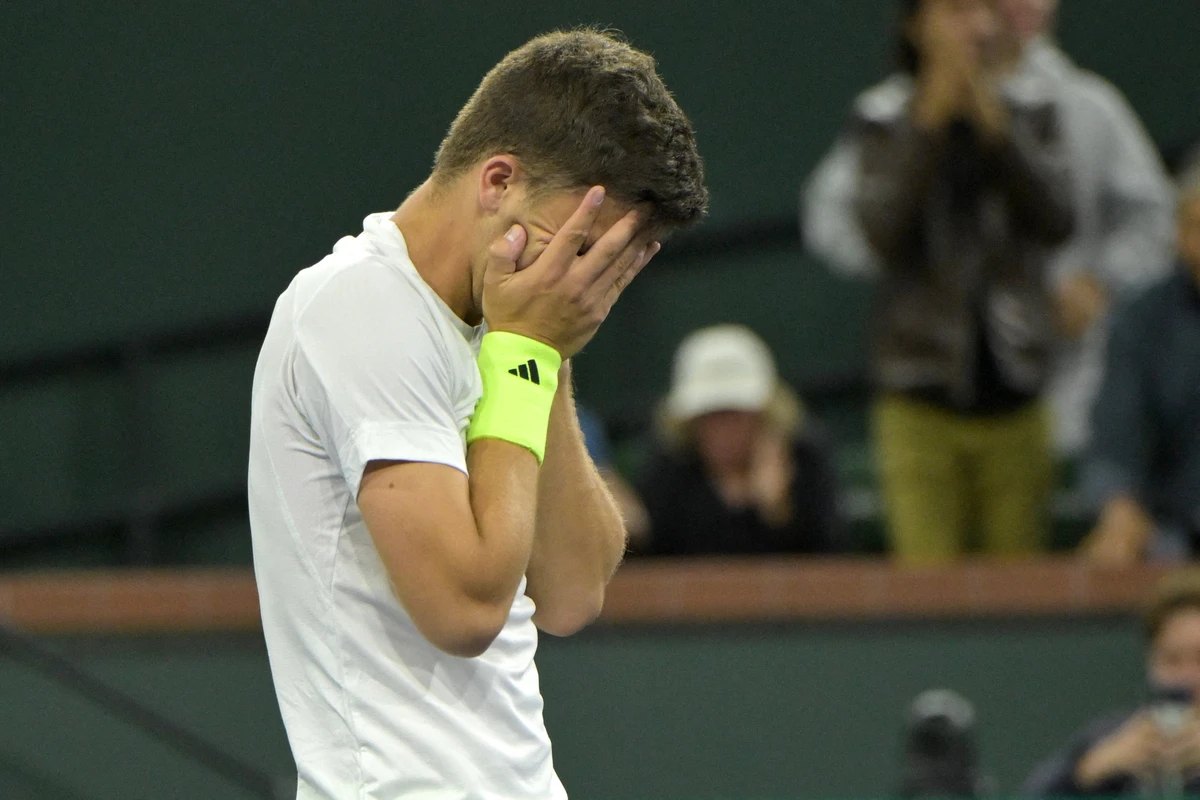 Lucky looser Luca Nardi of Italy reacts after defeating Serbia's world No. 1 Novak Djokovic in the third round match in the BNP Paribas Open at the Indian Wells Tennis Garden. (USA TODAY Sports)