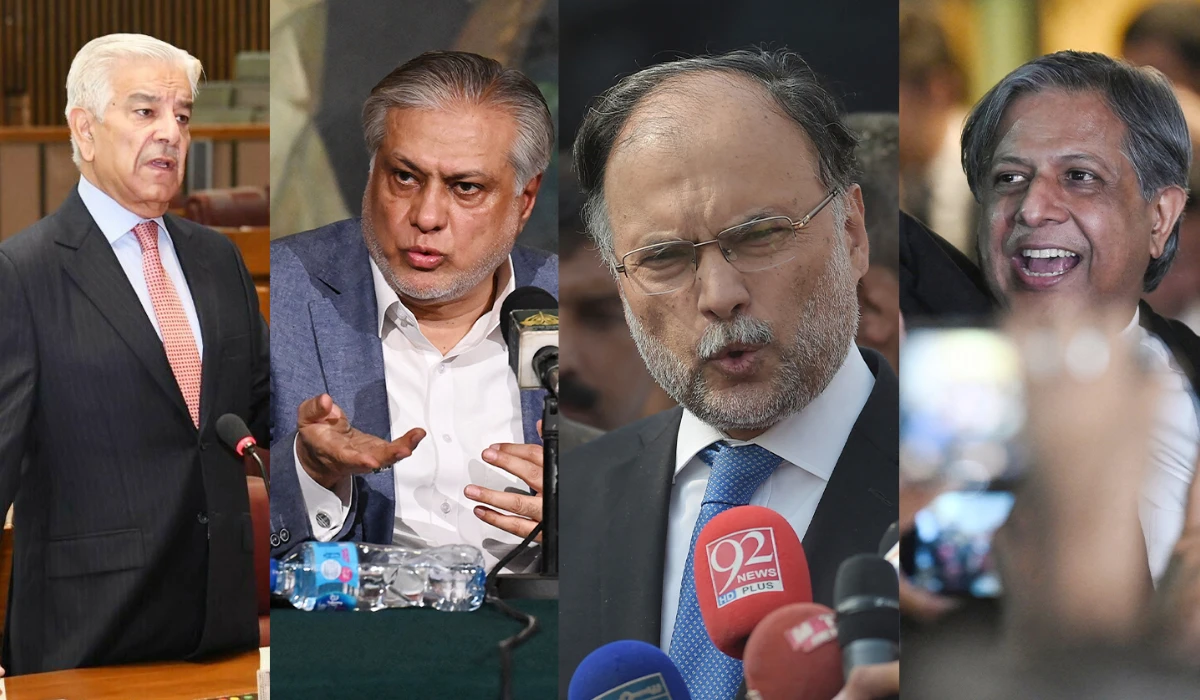 (L-R) The collage of image created on March 12, 2024, shows Pakistan's new federal ministers Khawaja Asif, Ishaq Dar, Ahsan Iqbal and Azam Nazeer Tarar. (National Assembly and AFP)