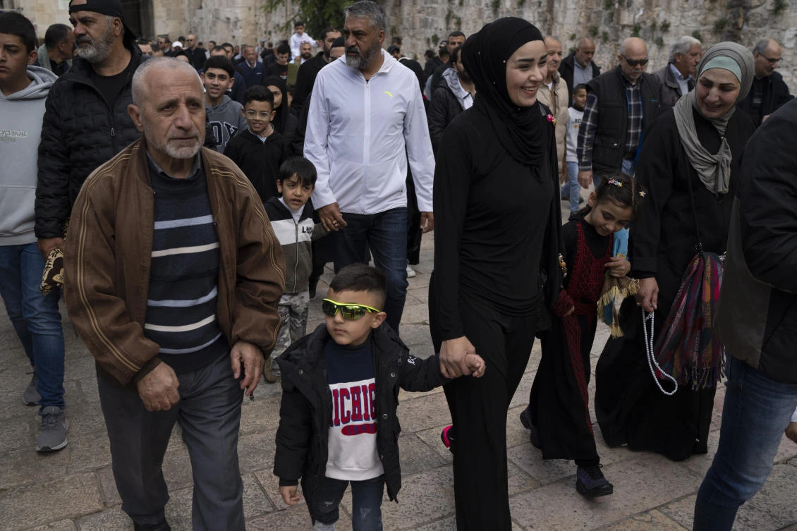 Muslim worshippers make their way to the Al-Aqsa Mosque compound, to participate in Friday prayers, during the Muslim holy month of Ramadan in Jerusalem’s Old City on Mar. 15, 2024. (AP)